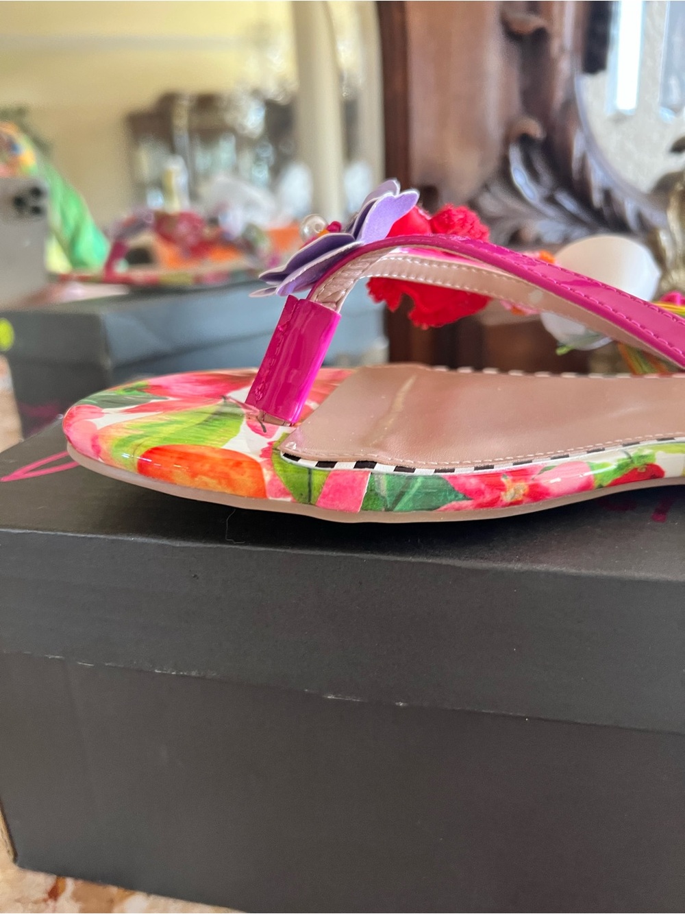 Betsey Johnson Pink Multi Floral Beaded Slide Sandals - Picture 9 of 14